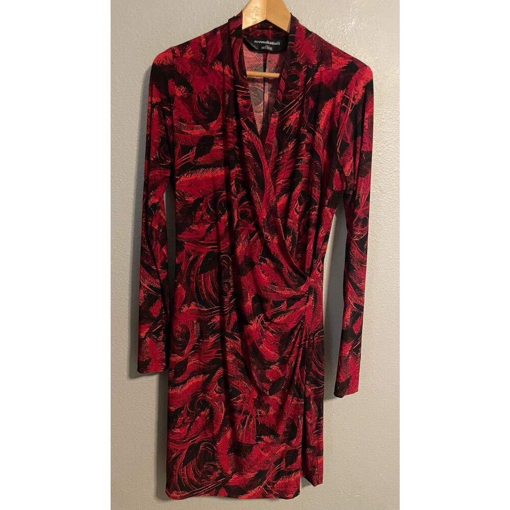 Norma Kamali Dress Womens Large Red Feather Print Wrap Ruched Bodycon Mini